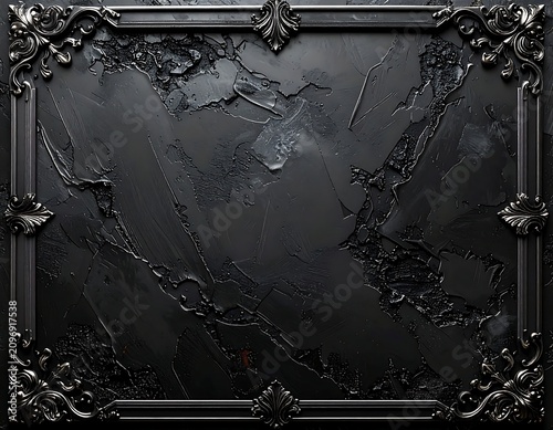 A dark, ornate frame with a textured, black background and raised, decorative corners and edges