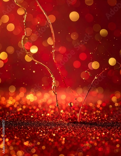 A dark red background with bokeh lights and water droplets falling