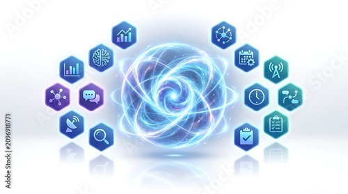Data analytics and artificial intelligence convergence futuristic digital transformation concept with iconography