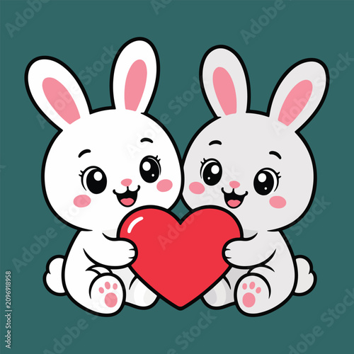 Cute Rabbit Couple Holding Heart Cartoon Flat Vector Illustration Kawaii Bunny Love Mascot for Valentine's Day Stickers and Merchandise
