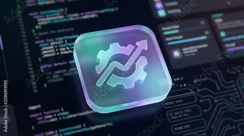 Glowingly illuminated software development icon with code and circuit board background