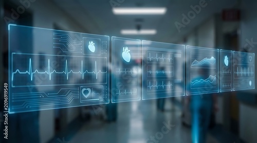 Futuristic hospital corridor with digital health data overlays and vital sign monitoring displays