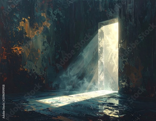 A dark room with a bright light shining through an open doorway