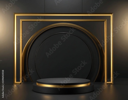 A dark room with a circular platform and gold accents