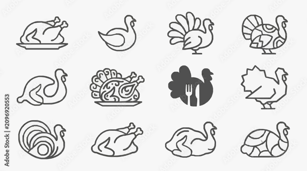 Obraz premium Corporate Minimalist Line Art Illustrations of Roasted Turkeys and Ducks in Various Stylized Designs for Branding and Presentation
