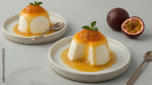 Fresh coconut panna cotta topped with passion fruit sauce and mint garnish, minimalist dessert