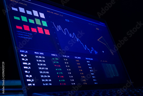 Laptop screen displaying financial portfolio analysis dashboard with stock market graphs. Concept of fintech investment, crypto asset trading, data analytics, and wealth management.