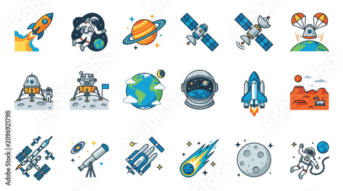 Billede på lærred Collection of colorful cartoon icons representing space exploration and celestial bodies