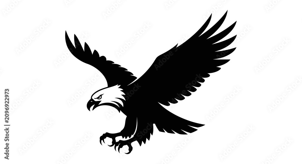 Fototapeta premium Black eagle silhouette flying with open talons.