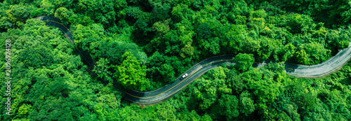 Aerial tropical forest landscape featuring a winding highway, perfect for corporate Sustainability Reports, Green Finance communication, Climate Resilience planning, Renewable Energy investment, and b