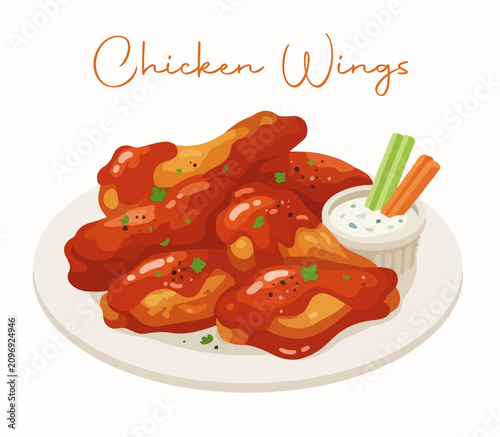 Slika na platnu Spicy Chicken Wings Platter: A delectable illustration of hot and spicy chicken wings served on a white plate with a side of creamy dipping sauce and fresh celery and carrot sticks