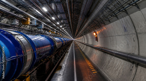 Firefly massive particle accelerator tunnel with blue accelerator modules and vanishing point perspective, dramatic topaz lighting and industrial