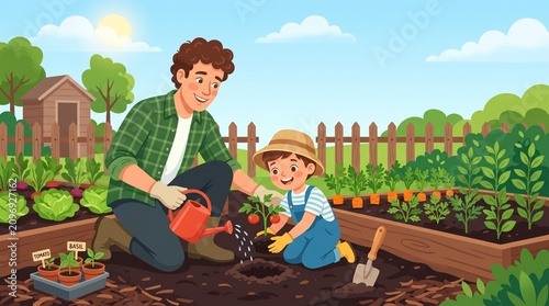 Father and son gardening together, family bonding and outdoor learning illustration