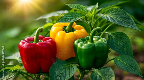 Red yellow green bell peppers growing on plant with sun flare in garden