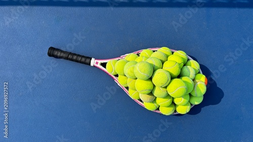 Принти на полотні Tennis racket holding a large stack of neon yellow tennis balls on a blue court background