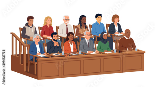 Diverse group of people sitting as jury members in a courtroom setting on wooden benches listening attentively to court proceedings
