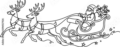 Foto Black and white line art illustration of Santa Claus riding in his sleigh pulled by two reindeer