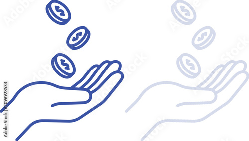Schilderij op canvas Human hand catching falling coins passive income profit wealth outline vector il