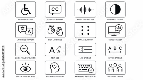 Black and white accessibility icons for inclusive design and support.