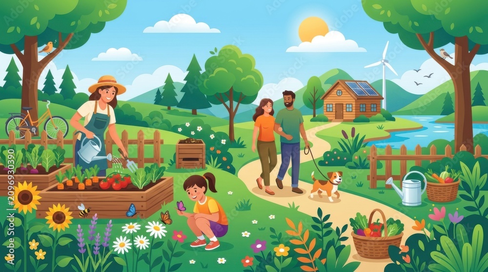 Fototapeta premium Idyllic rural landscape with family gardening and outdoor leisure activities