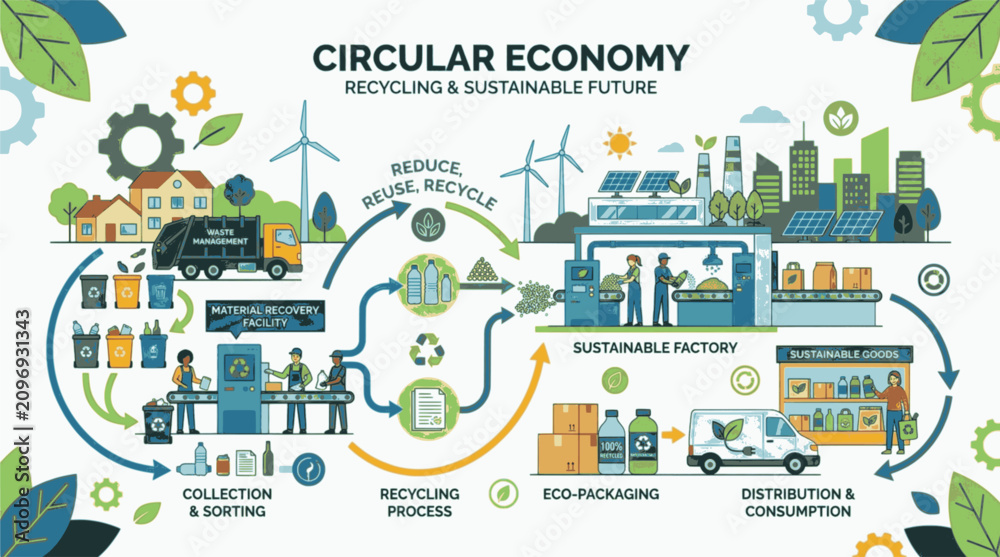 Obraz premium Recycling Process Circular Economy Vector Illustration