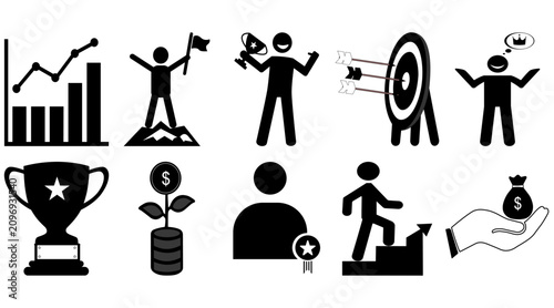 Business success and career achievement pictogram glyph icons set vector