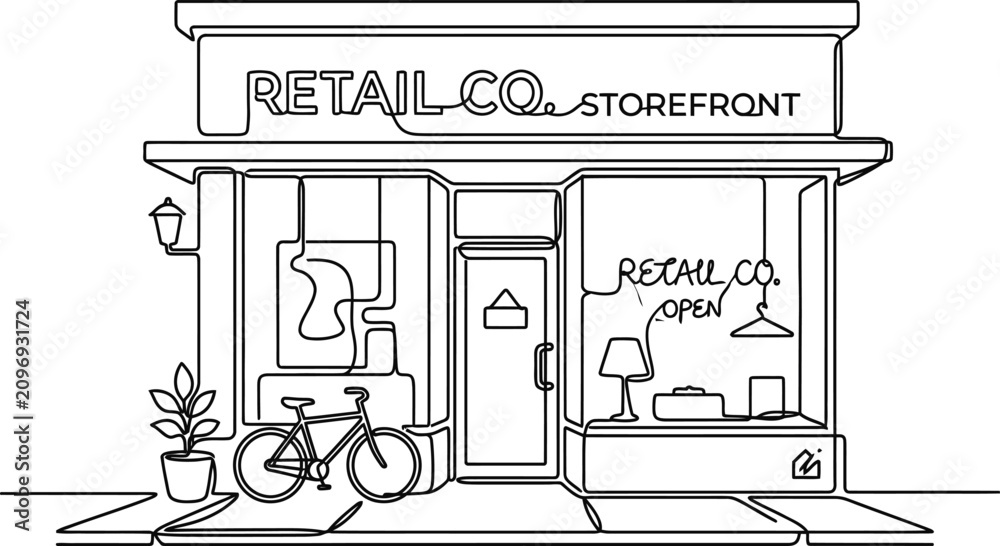 Fototapeta premium Continuous single line drawing of a small retail store front with a bicycle.