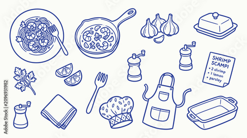 Cuadro en lienzo Collection of hand-drawn illustrations depicting ingredients and tools for preparing shrimp scampi, presented in a charming blue line art style