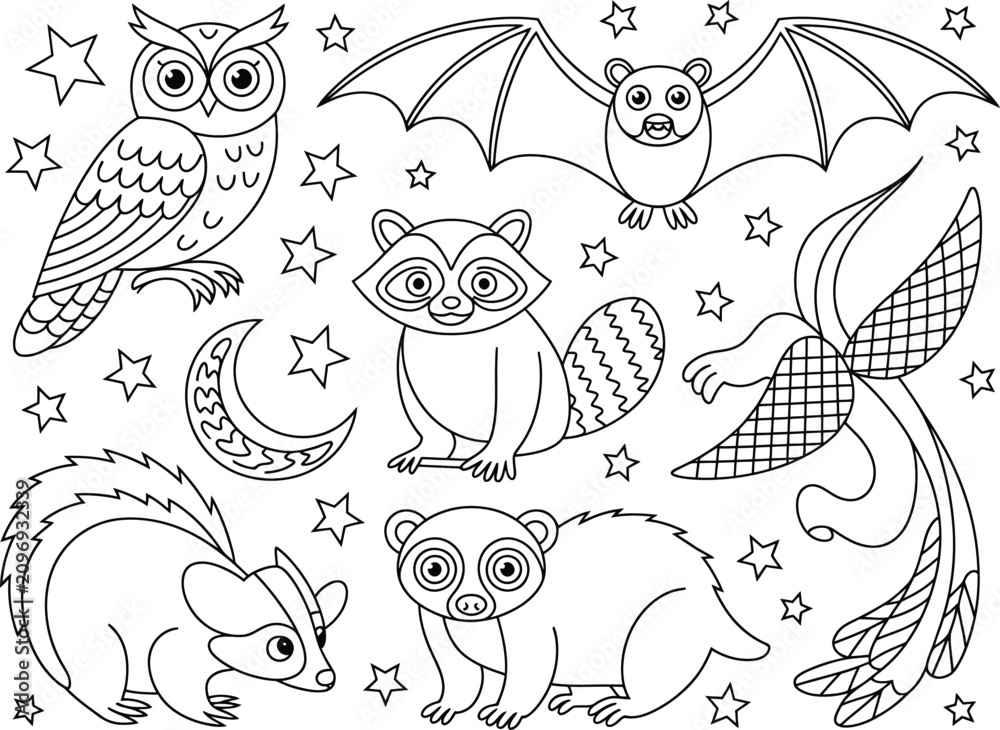 Fototapeta premium Cute nocturnal animals coloring page featuring stars and moon