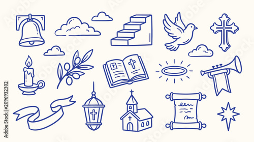 Quadro su tela Collection of hand-drawn religious and spiritual symbols, including a church, cross, dove, and bell