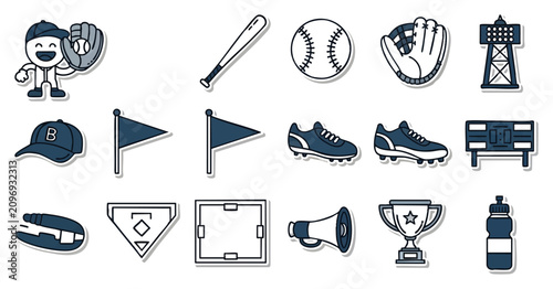 Flat colorful vector icons set with isolated sports equipment and competition symbols, concept for fitness apps, event promotions, educational materials, and motivational designs for athletes and