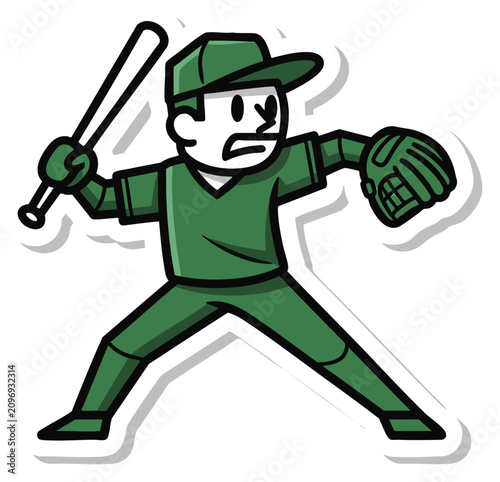 Dynamic cartoon baseball player in vibrant green uniform swinging bat with focused expression, concept for sports enthusiasm, children's activity illustration, team spirit promotion and educational