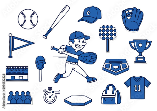 Colorful flat vector sports equipment set with dynamic baseball player silhouette, concept for athletic training, school activities, and team spirit promotion in digital illustrations and print