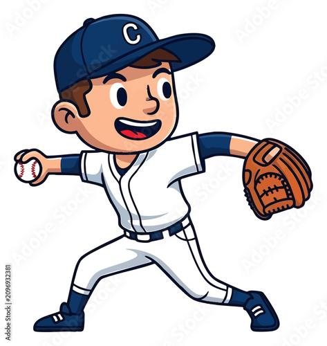 Cheerful cartoon baseball player in dynamic pitching pose with detailed uniform and glove, concept for youth sports enthusiasm, team spirit illustration, children's activity promotion and educational