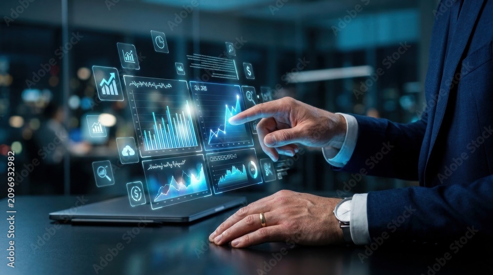 Fototapeta premium Businessman interacting with virtual data graphs on a tablet