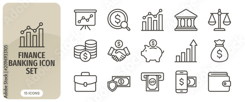 Finance and banking icon set, vector illustration of business and money symbols, financial management, investment, and banking services icons