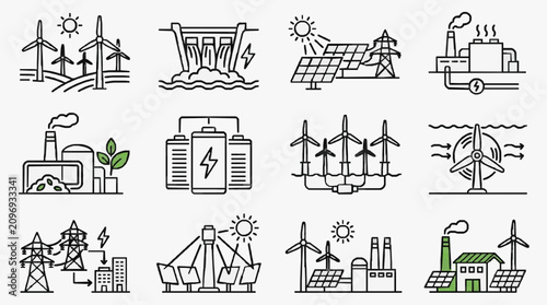 Foto Creative Black and White Line Art Icons Set Featuring Renewable Energy Power Gen