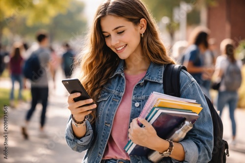 Smiling college student using smartphone while carrying books on campus during a bright study day