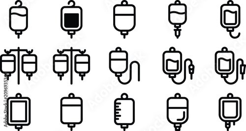 Fotografía Intravenous drip and saline bag line icons