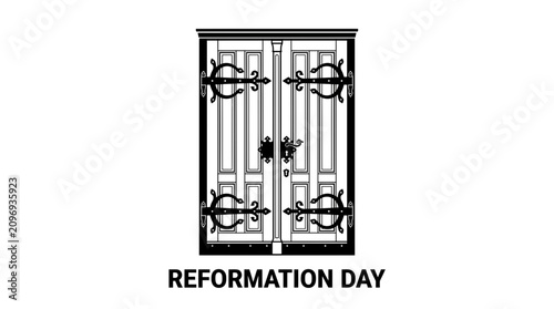 Vintage ornate wooden church door illustration for reformation day concept