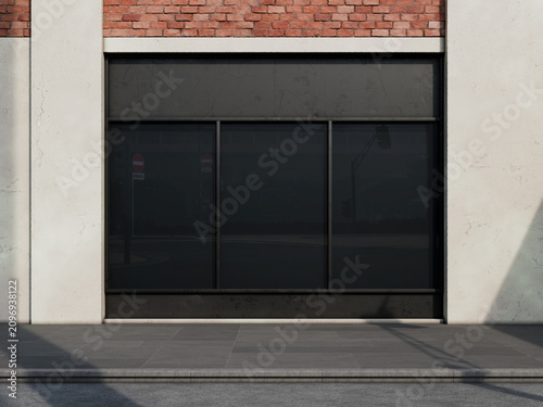 Modern storefront display with black glass windows mockup and brick facade