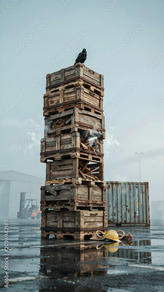 Fototapeta premium Tall Stack of Wooden Crates with Bird and Duck in Industrial Dock Area