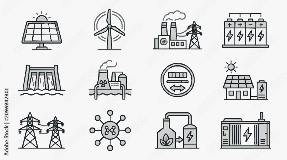 Fototapeta premium Creative Black and White Line Drawing Icons Set Featuring Various Energy Sources and Systems with high quality professional line art symbols for modern creative design and digital branding projects