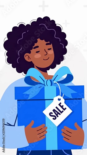 Cheerful woman holding large gift box with sale tag.