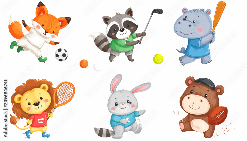 Obraz premium Cute Cartoon Animal Characters Playing Sports Collection Set