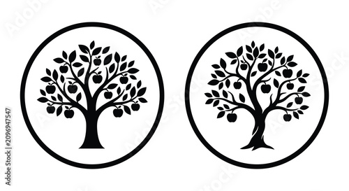 Obraz na plátně Apple tree with fruit inside a circular frame black and white silhouette trees