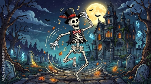 A lively digital illustration of a dancing cartoon skeleton, complete with a top hat and bow tie, performing a festive jig in front of a spooky haunted mansion under a full moon. 
