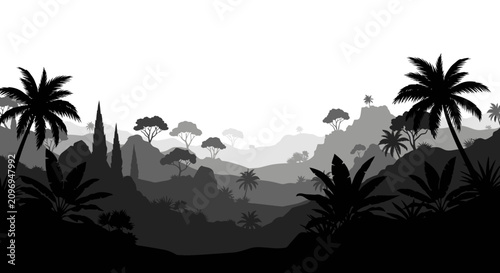 Принти на полотні Flat design sprawling landscape vector featuring rolling green hills, winding rural roads, agricultural fields, distant mountain peaks, and clear blue sky with minimalist clouds