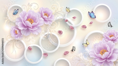 3d wallpaper design with soft purple peonies, elegant white circular frames, and delicate butterflies on a dreamy pastel gradient background