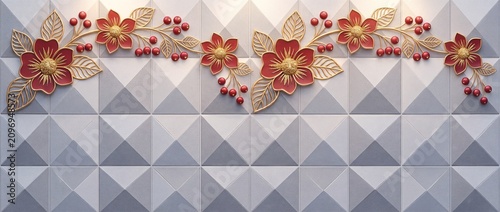 3d wall art decoration with red flowers and golden leaves on a geometric gray tiled background, elegant floral wall decor for interior design